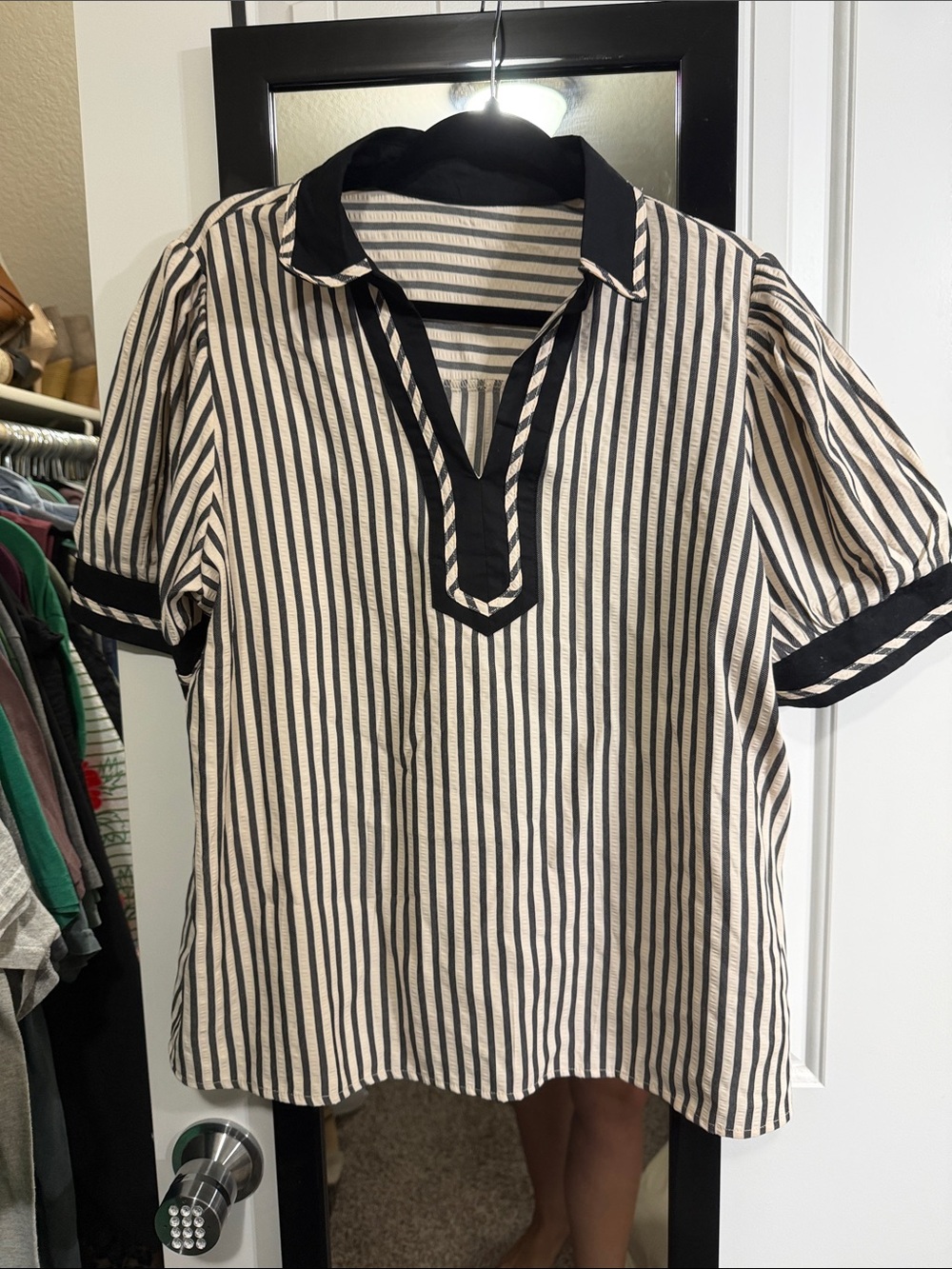 Black and Cream Striped Short-Sleeve Popover Tunic